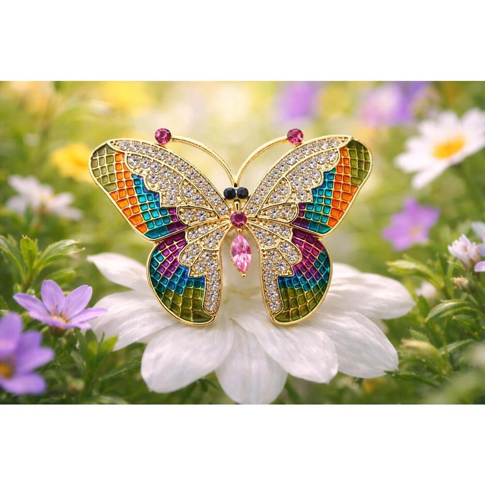 Colorful Butterfly Brooch Clear Pink Rhinestones Enamel Gold Tone Pin FREE SHIP